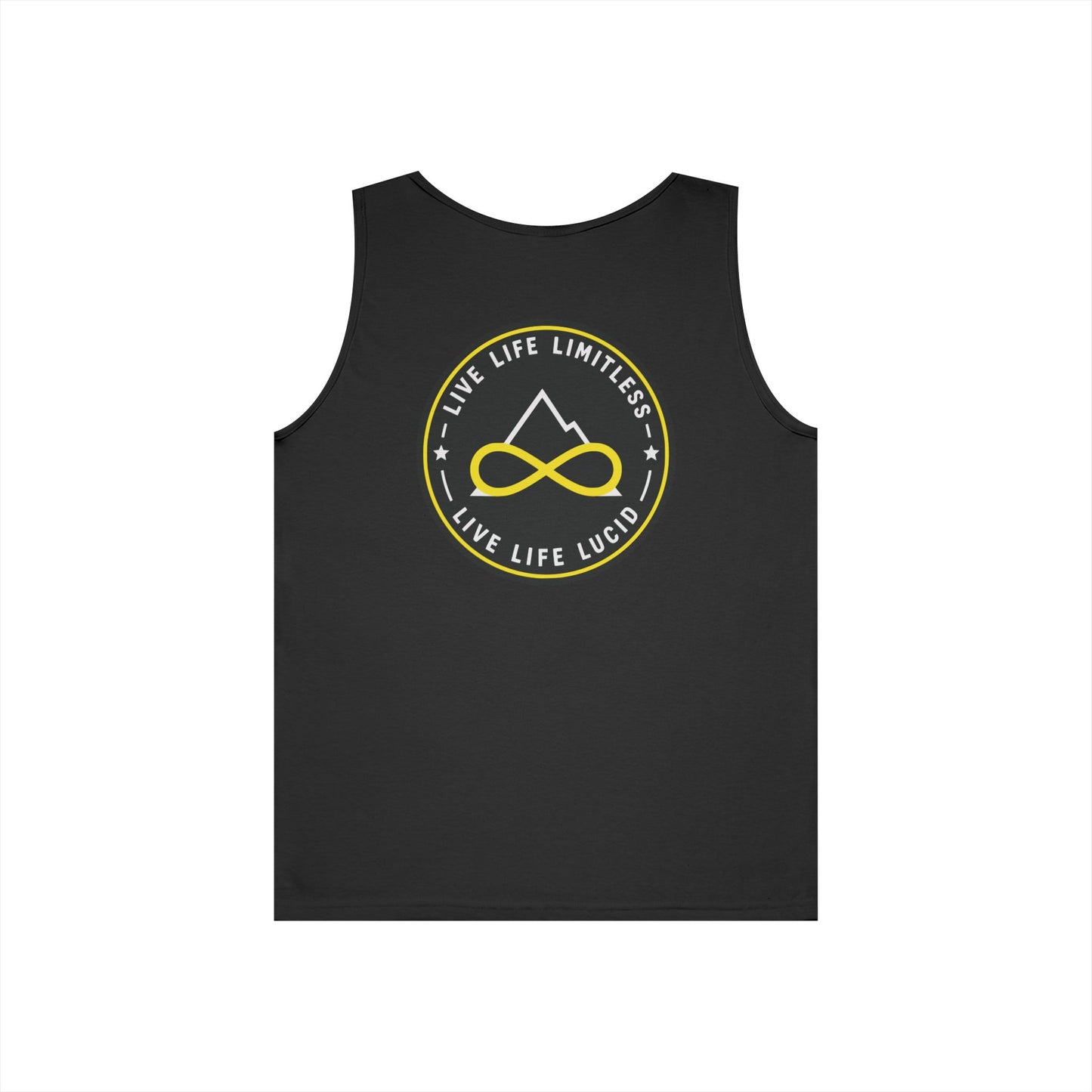 Navy Live Life Limitless Badge Tank, back view, flat lay