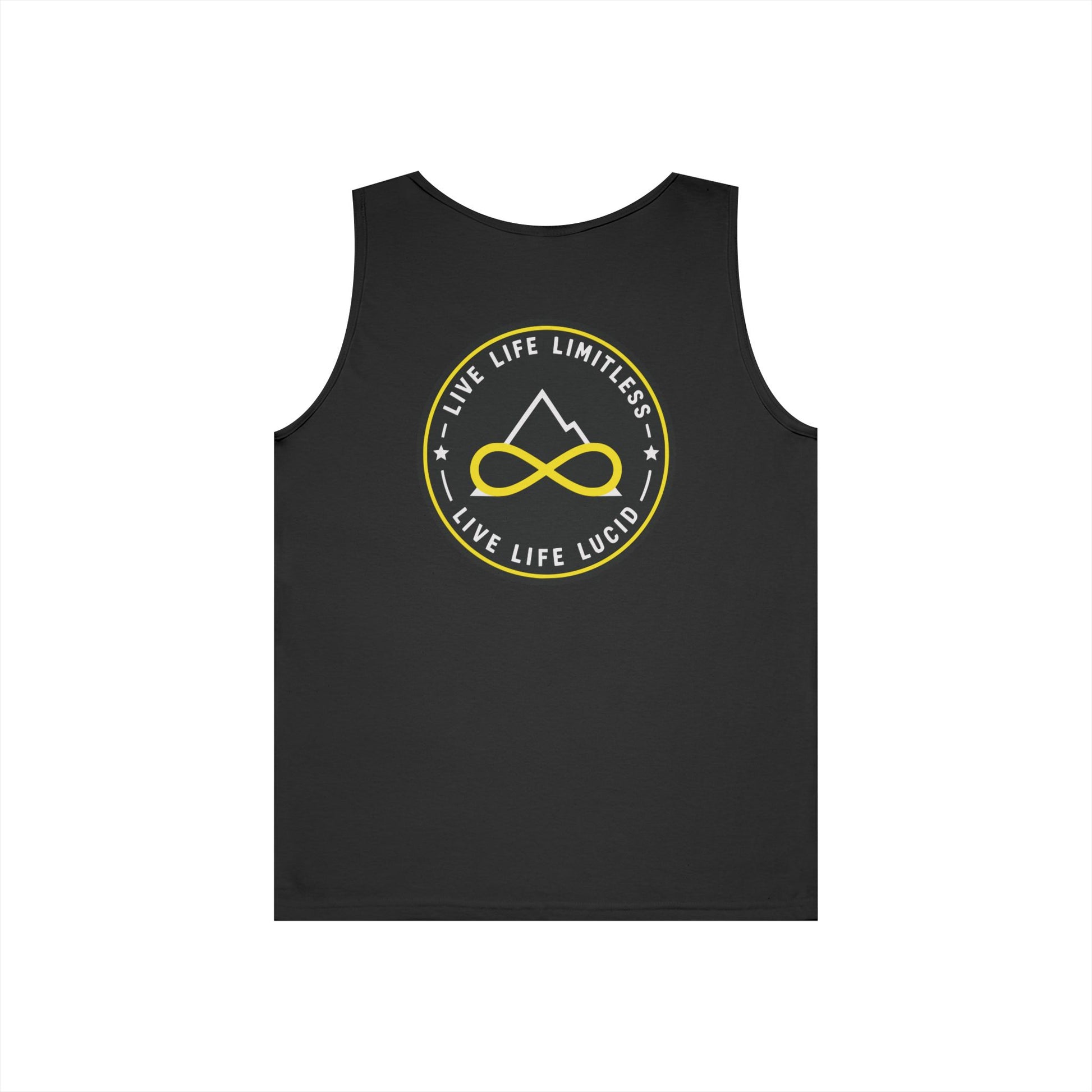 Navy Live Life Limitless Badge Tank, back view, flat lay