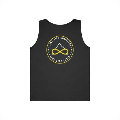 Navy Live Life Limitless Badge Tank, back view, flat lay
