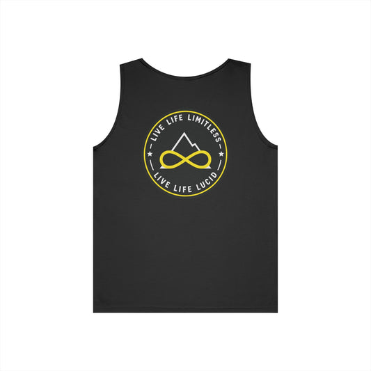 Navy Live Life Limitless Badge Tank, back view, flat lay