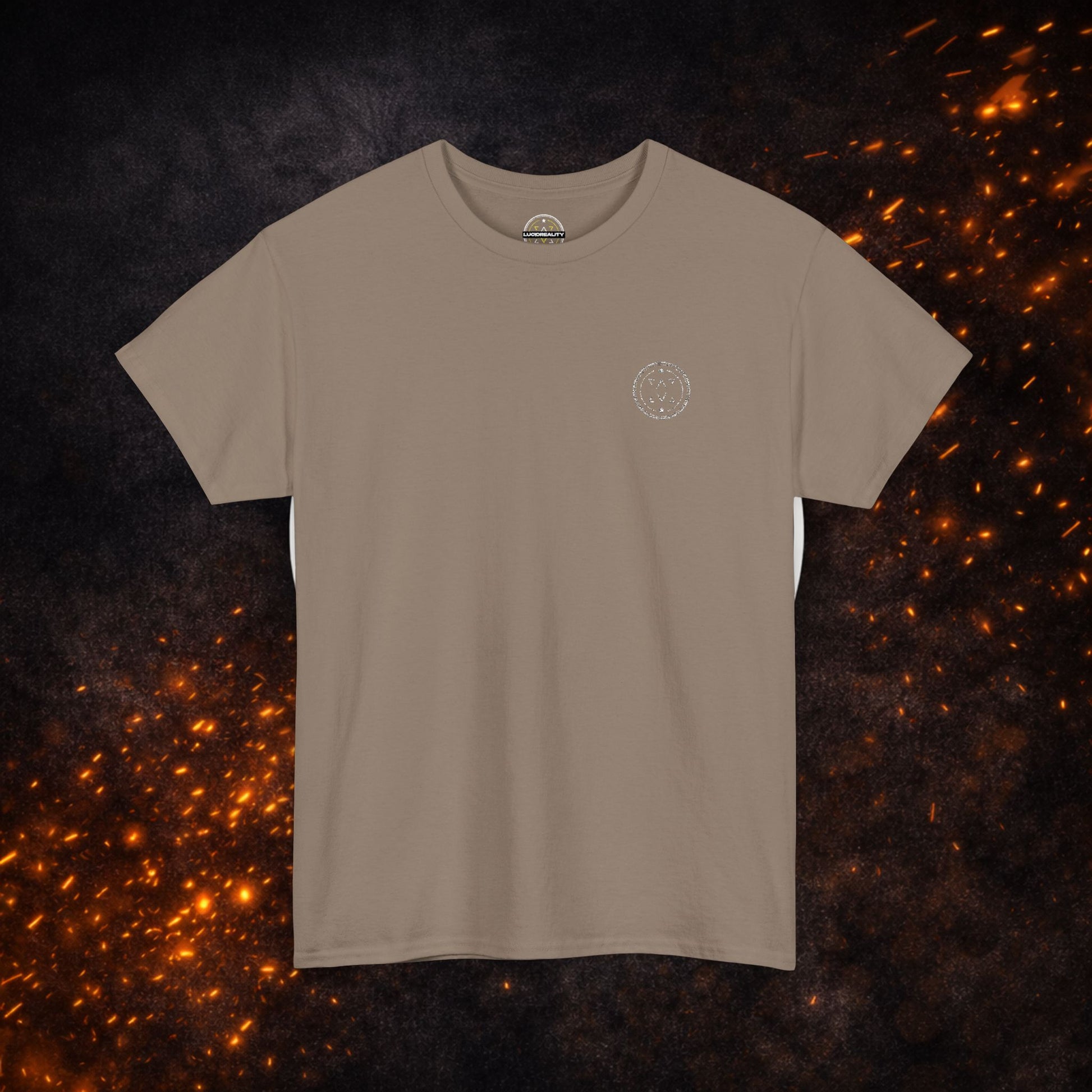 Sand Lucid Reality Minimalist Embroidered Logo Tee with small white embroidered logo on the front left chest, short sleeves, and crew neckline.