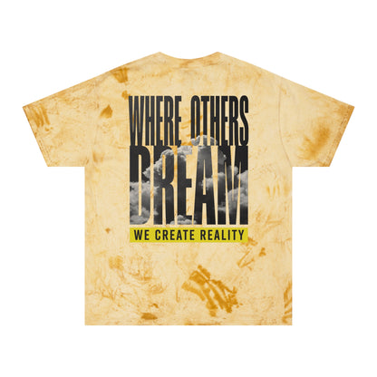 Citrine Color Blast tee, marbled gold, back Where Others Dream We Create Reality graphic, flat