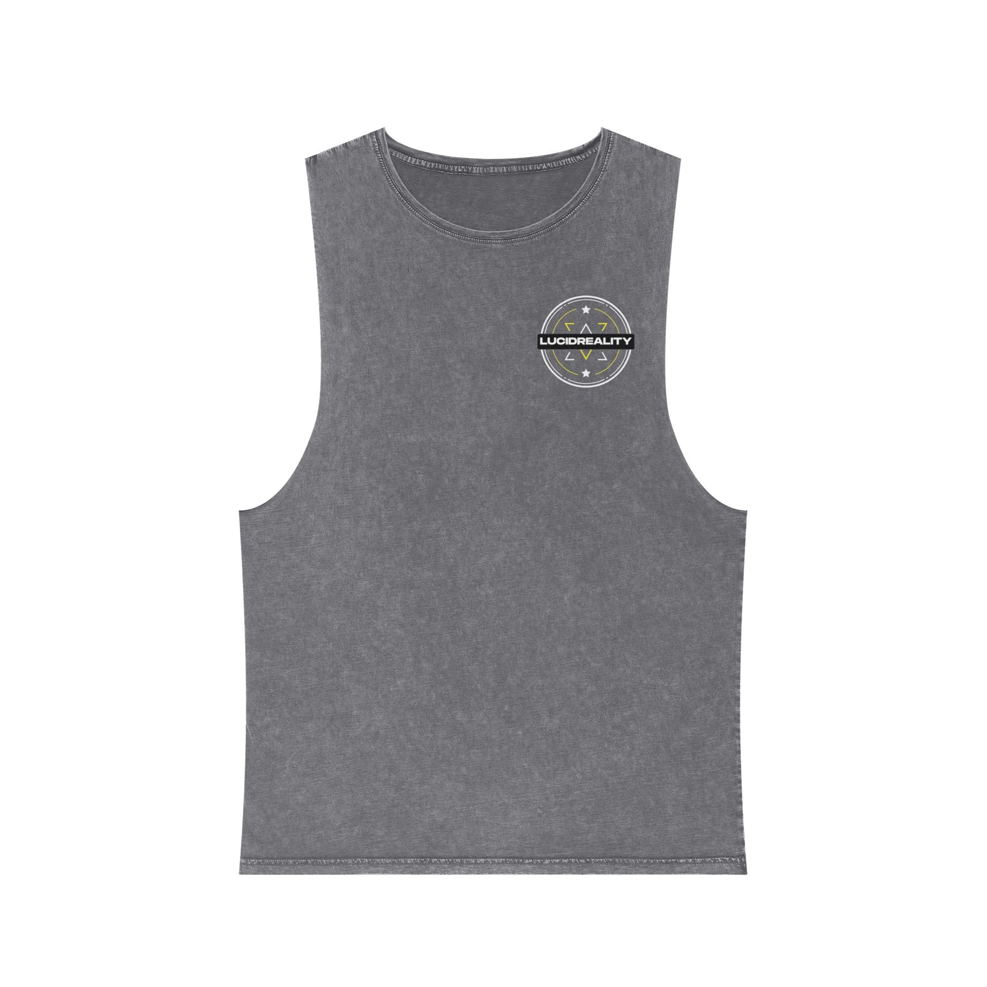 Ash Stone Lucid Reality stonewash tank, front emblem, flat