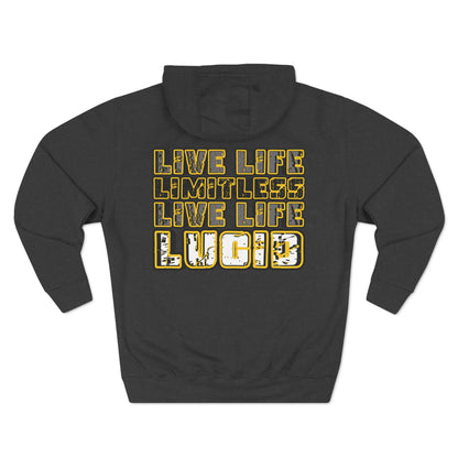 Charcoal heather Live Life Limitless hoodie, back graphic, flat