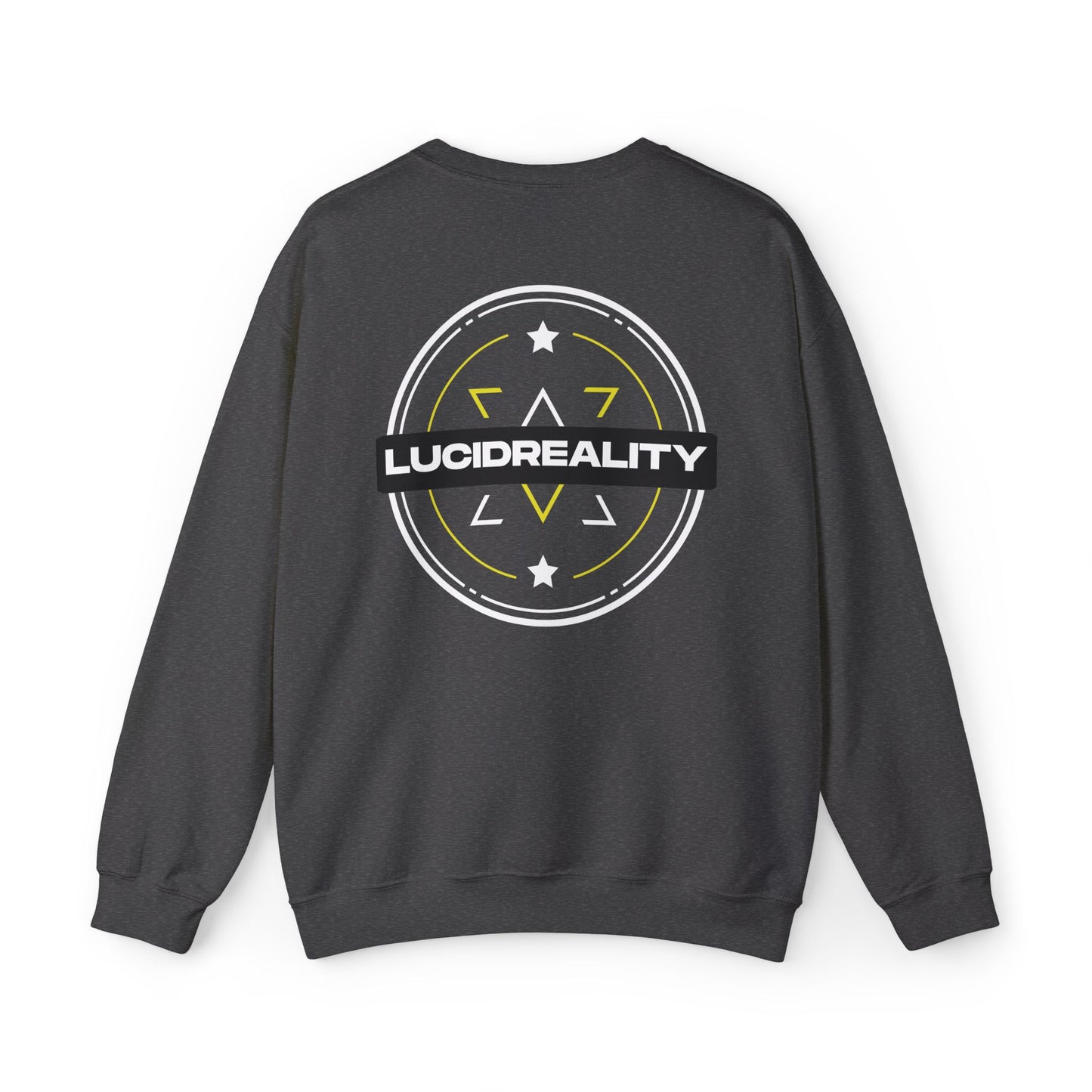 Dark heather grey Lucid Reality crewneck, circular emblem back graphic, flat