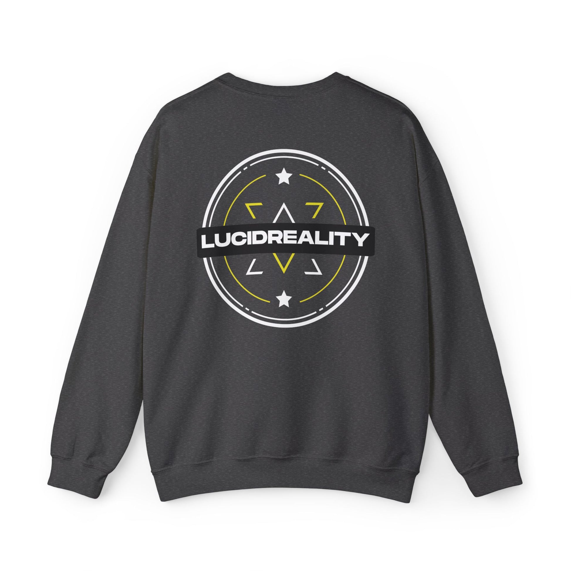 Dark heather grey Lucid Reality crewneck, circular emblem back graphic, flat