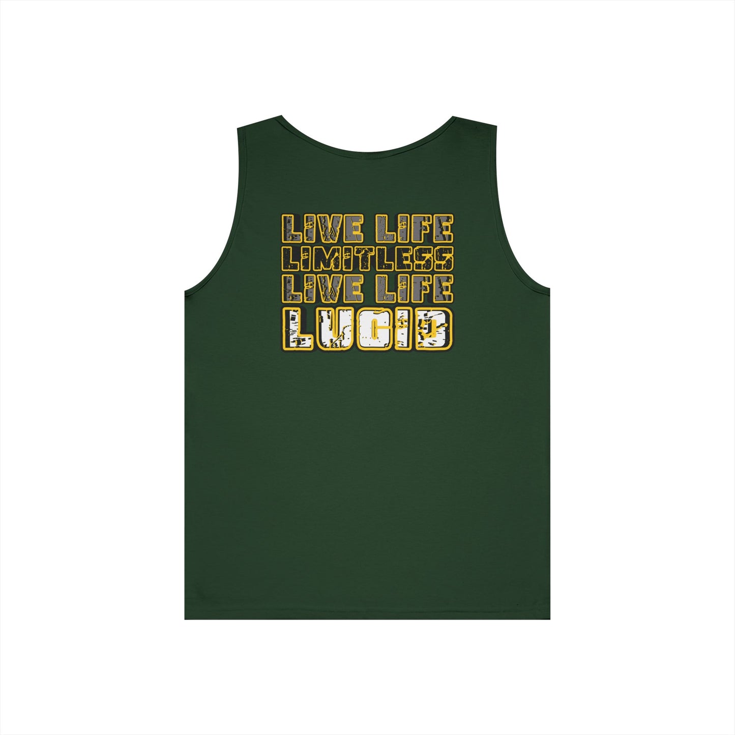 Forest Green Live Life Limitless tank, LIVE LIFE LIMITLESS LIVE LIFE LUCID back graphic, flat lay