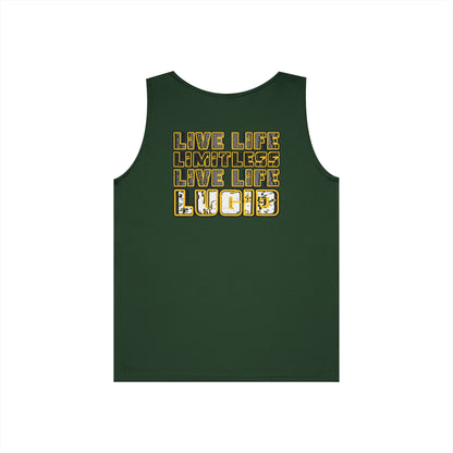 Forest Green Live Life Limitless tank, LIVE LIFE LIMITLESS LIVE LIFE LUCID back graphic, flat lay