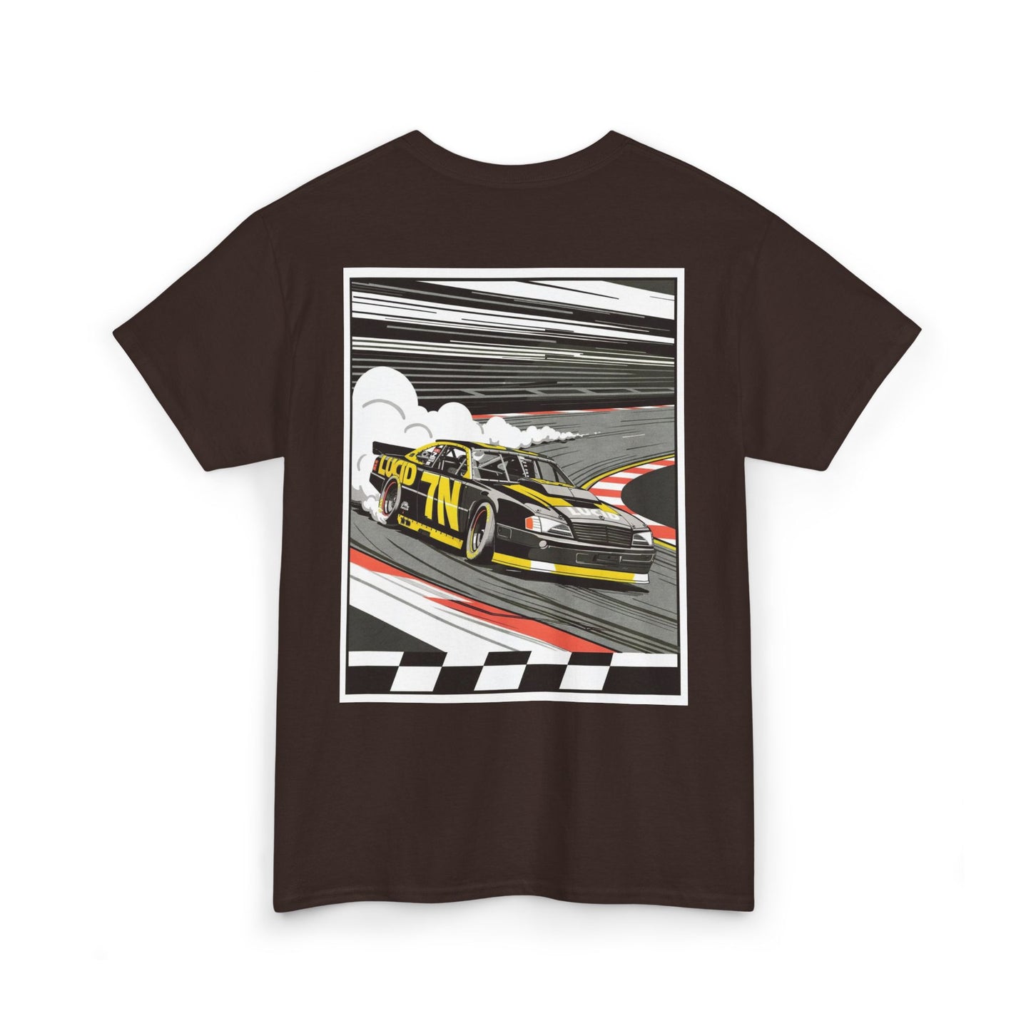 Maroon Pro Stock Racing Tee, back Pro Stock car graphic, flat lay