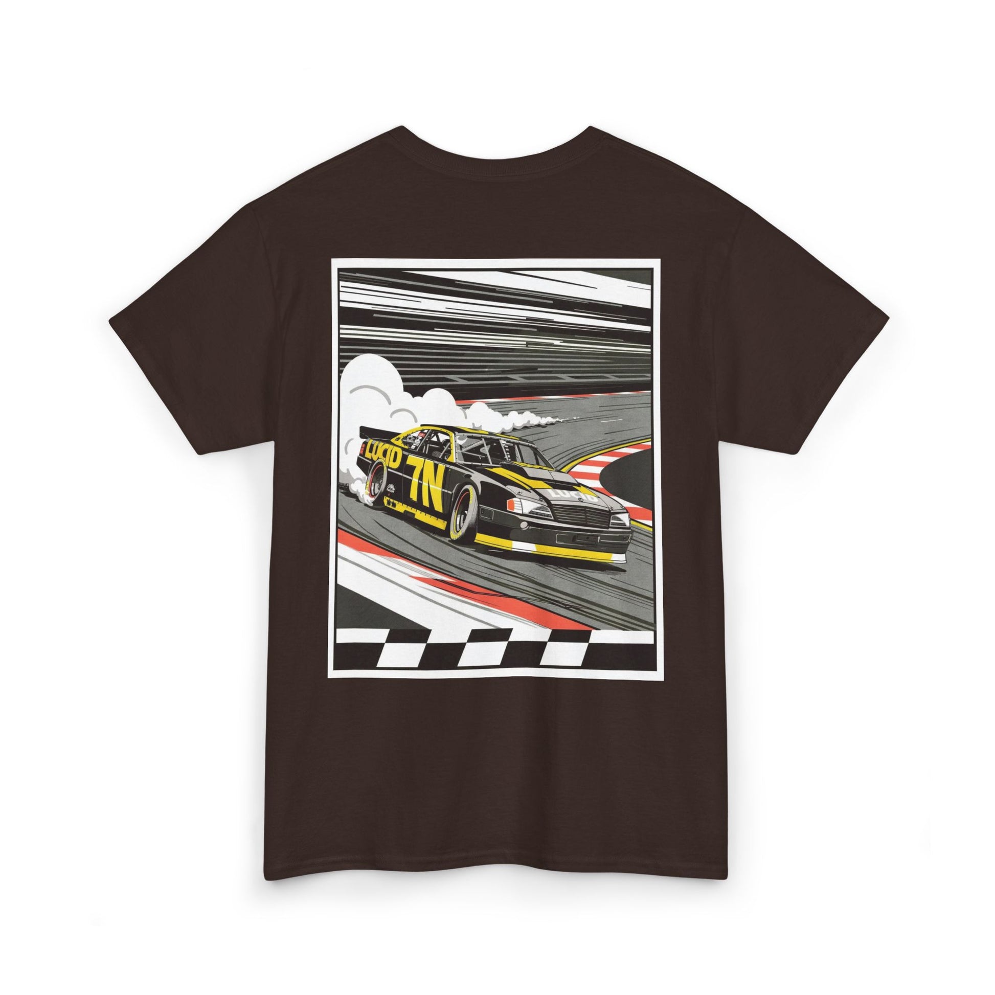 Maroon Pro Stock Racing Tee, back Pro Stock car graphic, flat lay