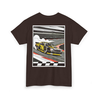 Maroon Pro Stock Racing Tee, back Pro Stock car graphic, flat lay