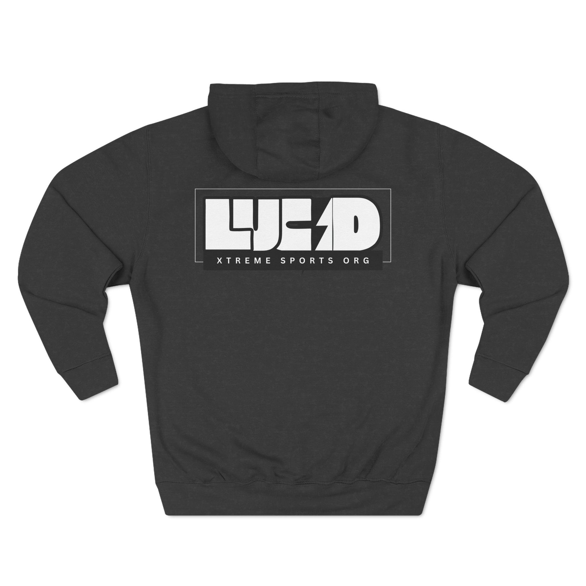 Charcoal heather Lucid Reality hoodie, block LUCID logo back graphic, flat