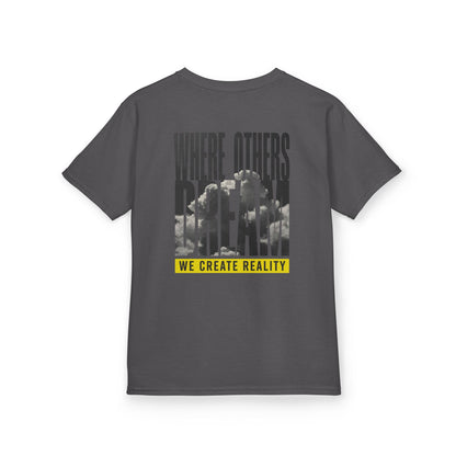 Charcoal Where Others Dream Kids Tee, back Where Others Dream We Create Reality graphic, flat lay