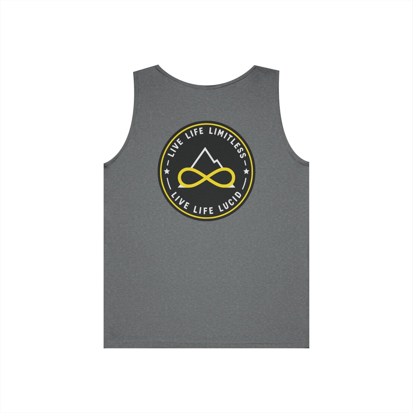 Black Live Life Limitless Badge Tank, back view, flat lay