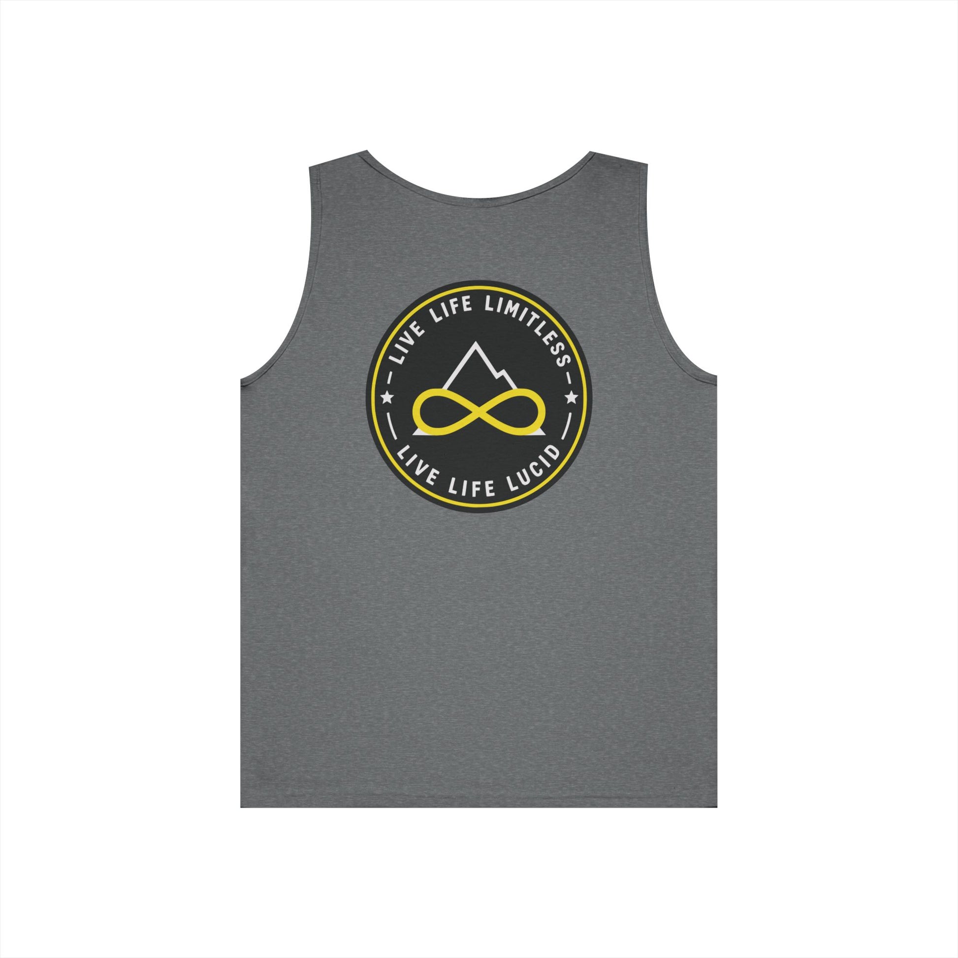 Black Live Life Limitless Badge Tank, back view, flat lay