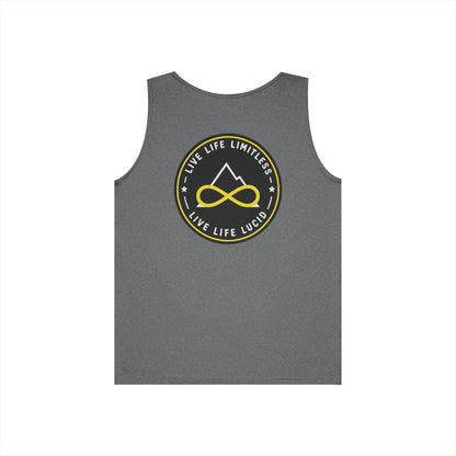 Black Live Life Limitless Badge Tank, back view, flat lay