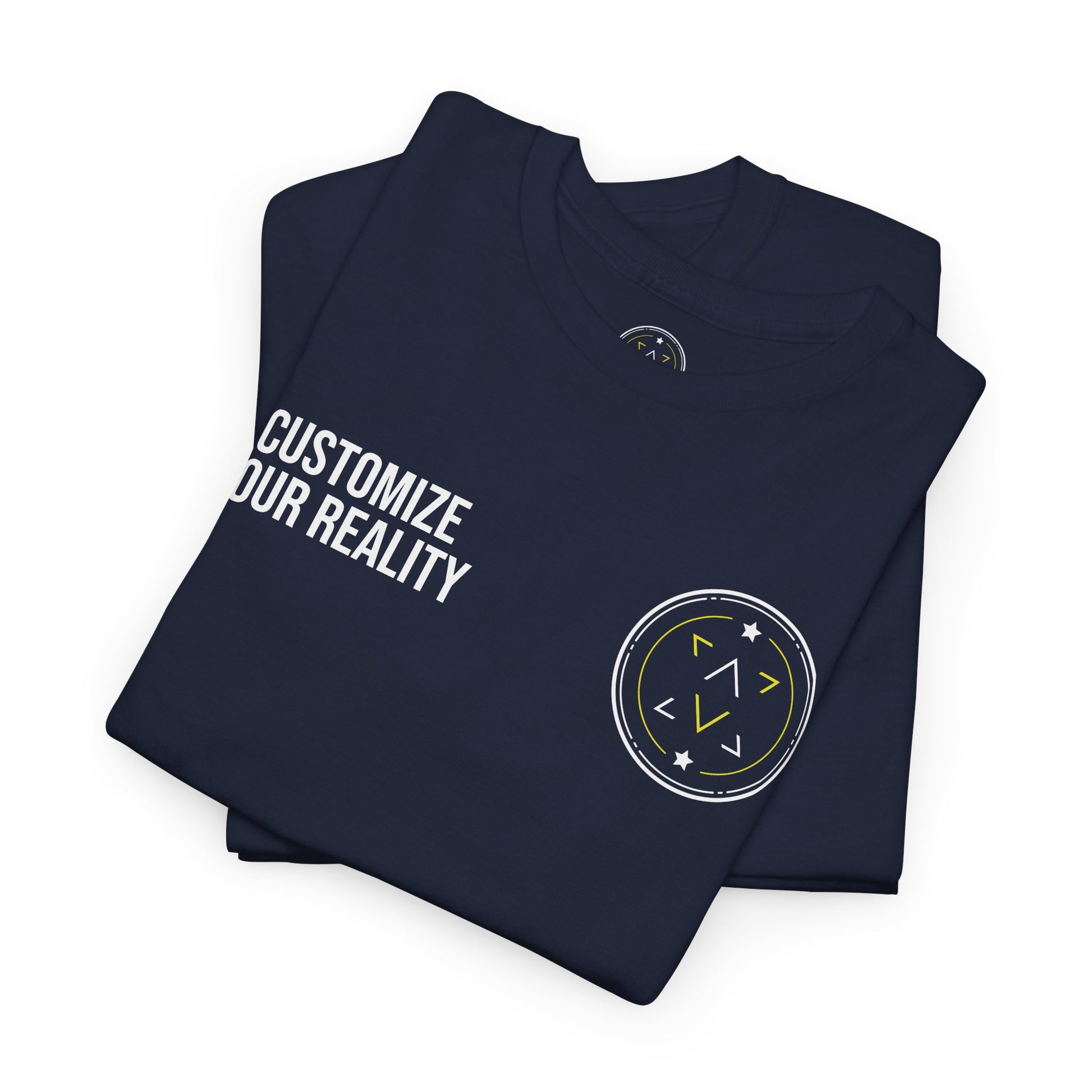 Navy custom Lucid Reality tee, folded, front emblem detail