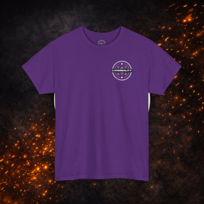 Front view of the purple Lucid Reality Tee with small circular chest logo.