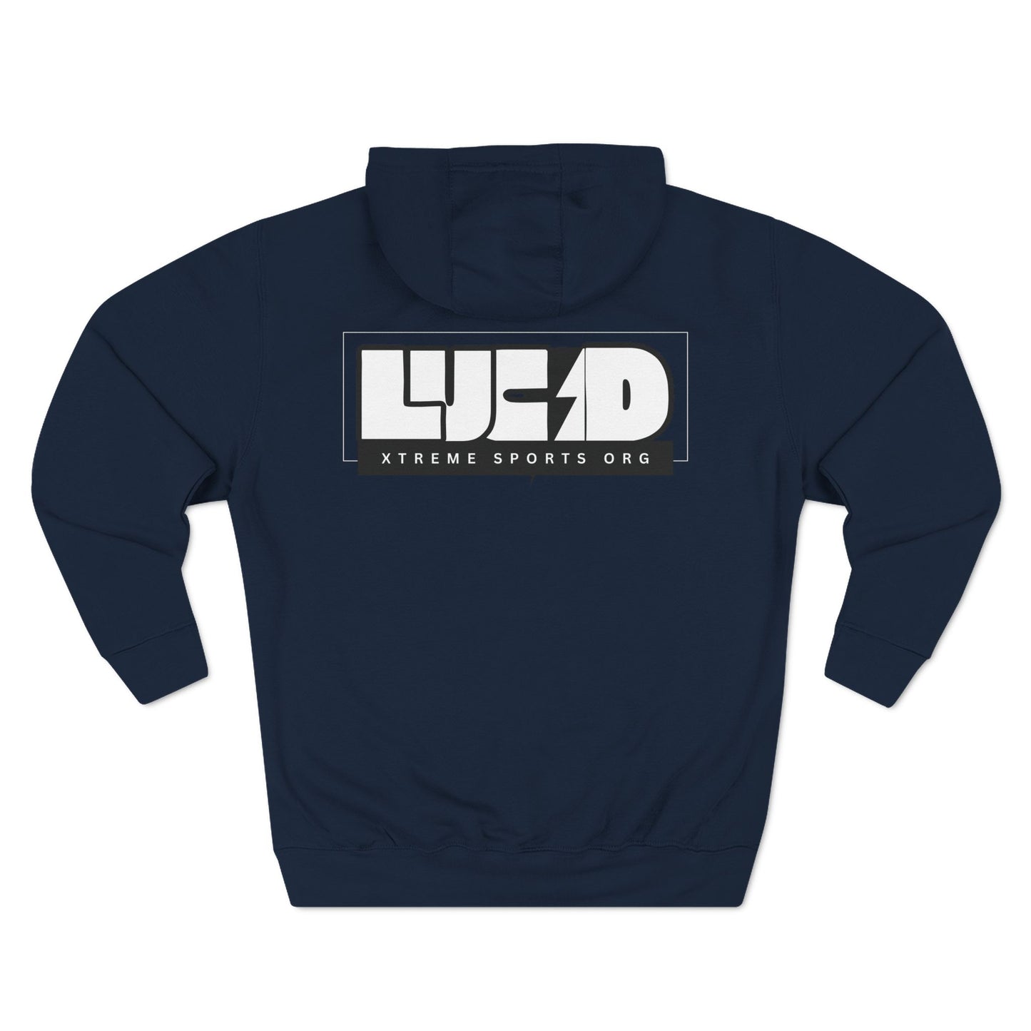 Navy Lucid Reality hoodie, block LUCID logo back graphic, flat