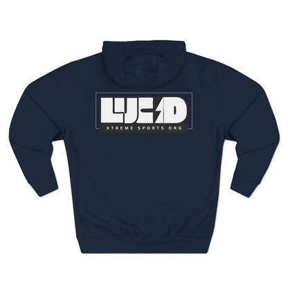 Navy Lucid Reality hoodie, block LUCID logo back graphic, flat