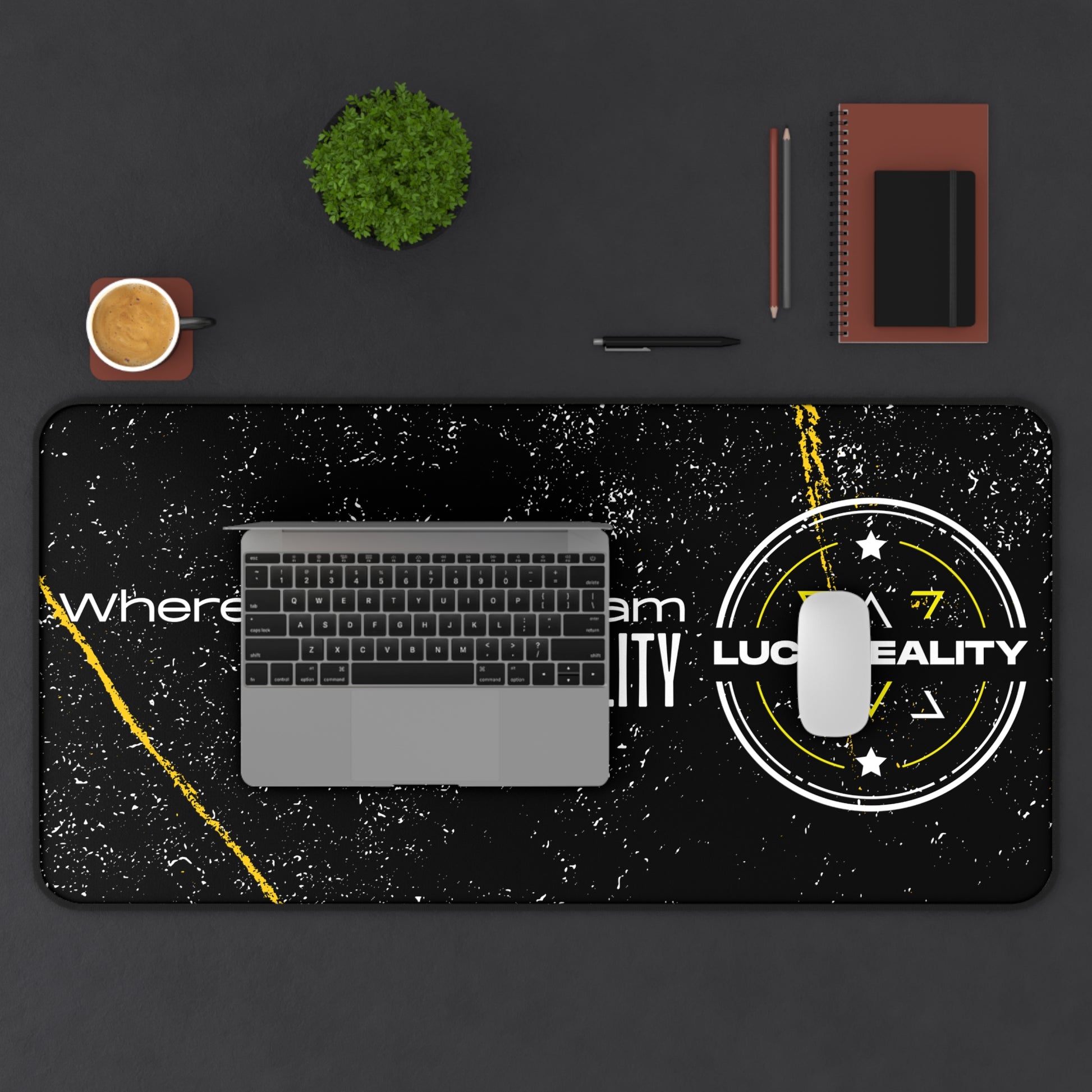 Where Others Dream 16x32 desk mat, overhead view on a styled desk setup