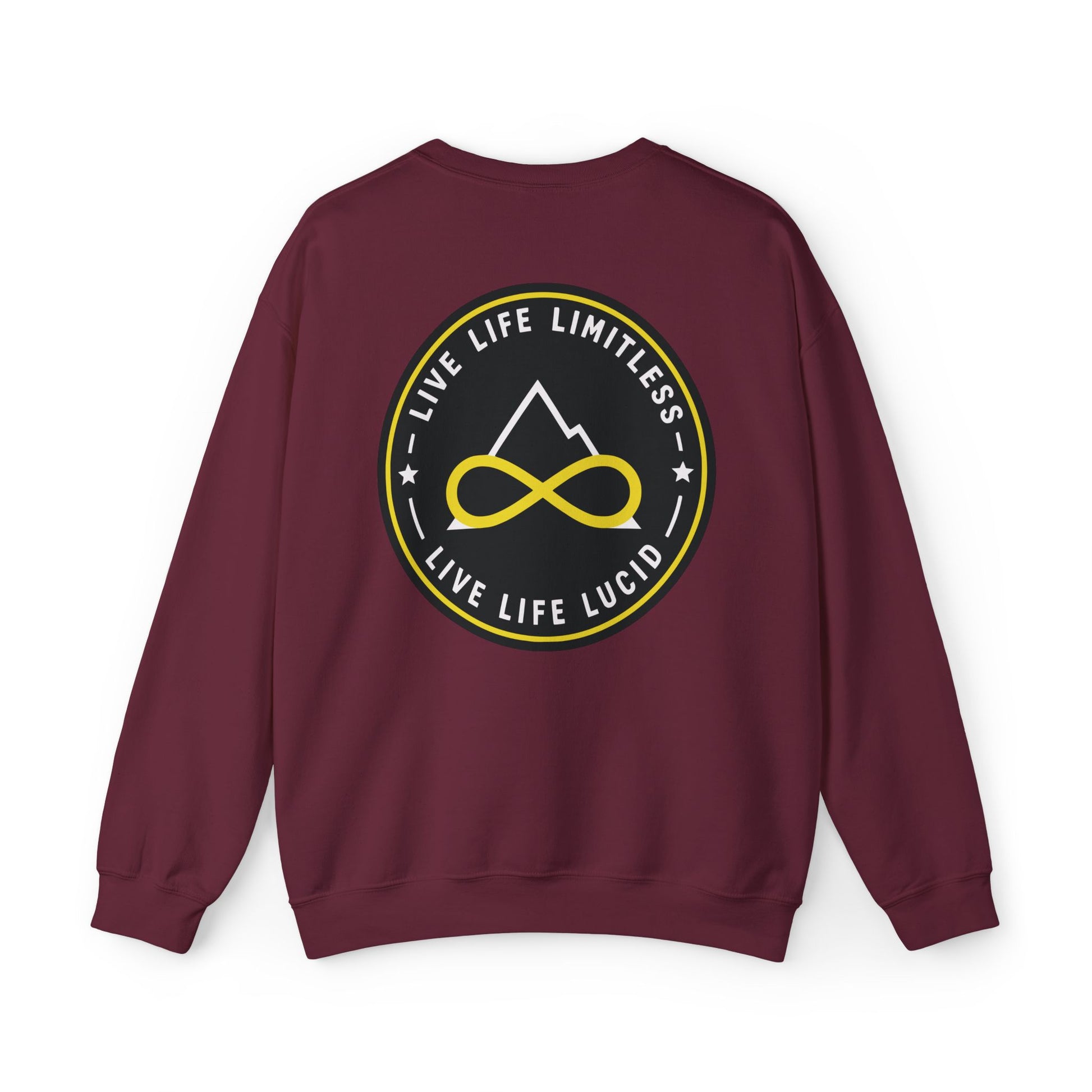 Back of the maroon Live Life Limitless Crewneck Sweatshirt with the gold mountain-and-infinity badge.