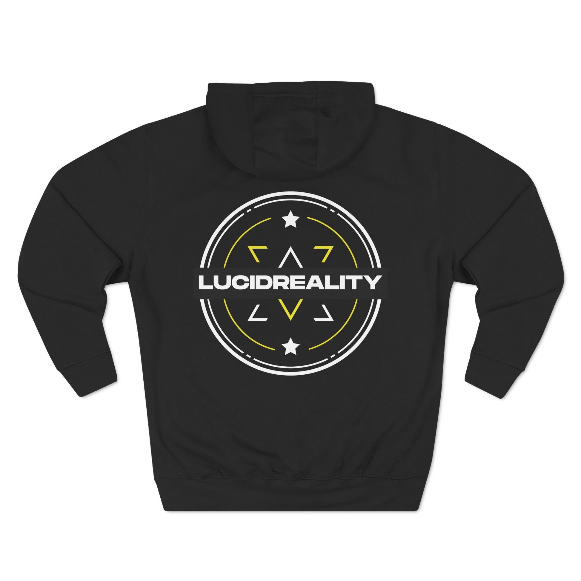 Black Lucid Reality hoodie, circular emblem back graphic, flat