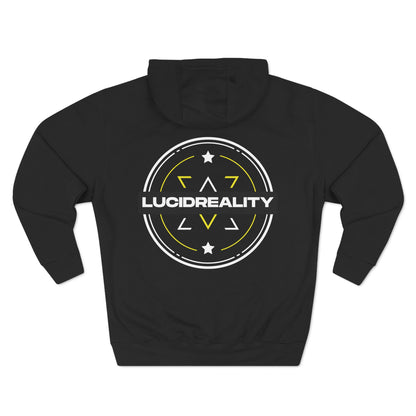 Black Lucid Reality hoodie, circular emblem back graphic, flat