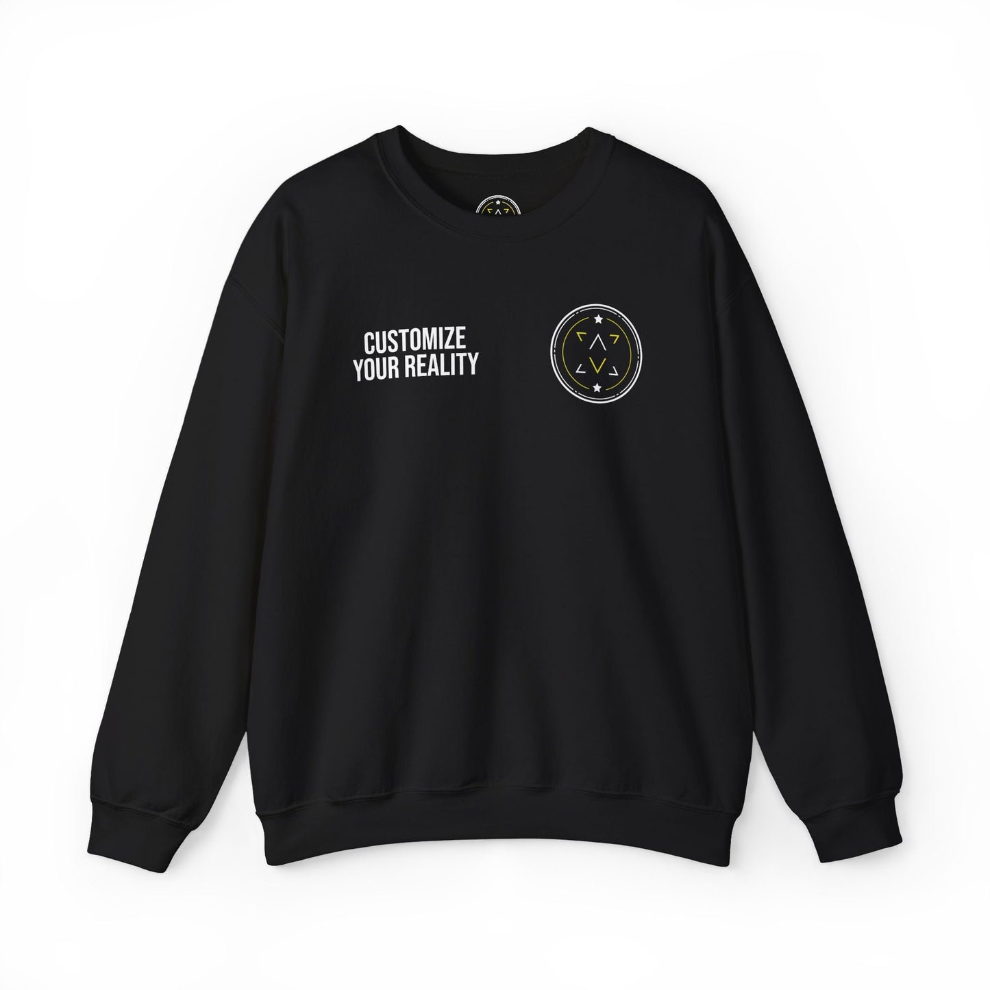 Black custom Lucid Reality crewneck, front emblem with personalization zone, flat
