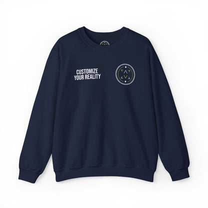 Navy custom Lucid Reality crewneck, front view, flat