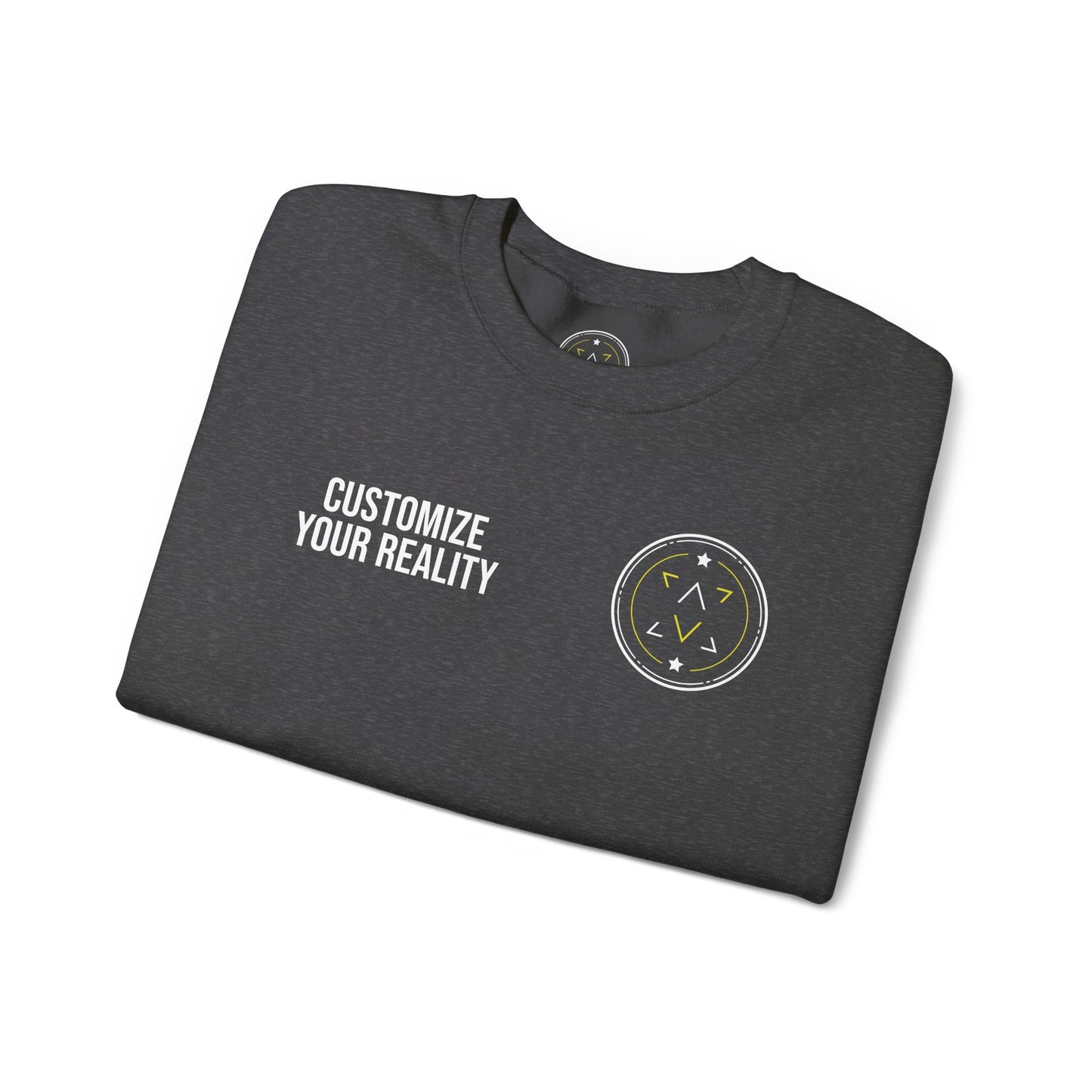 Dark heather grey custom Lucid Reality crewneck, folded, front emblem detail