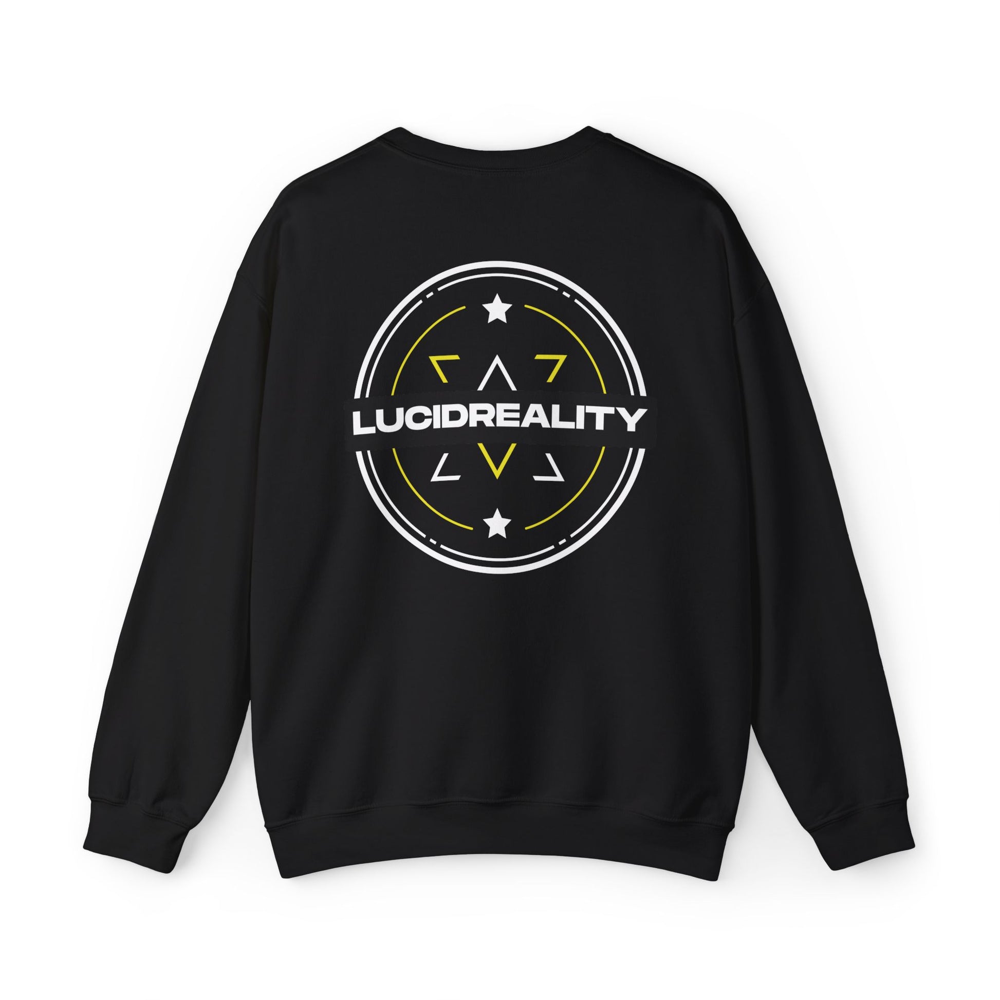 Black Lucid Reality crewneck, circular emblem back graphic, flat