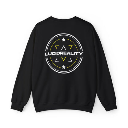 Black Lucid Reality crewneck, circular emblem back graphic, flat