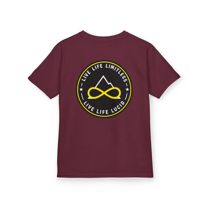 Maroon Live Life Limitless Badge Kids Tee, back badge graphic, flat lay