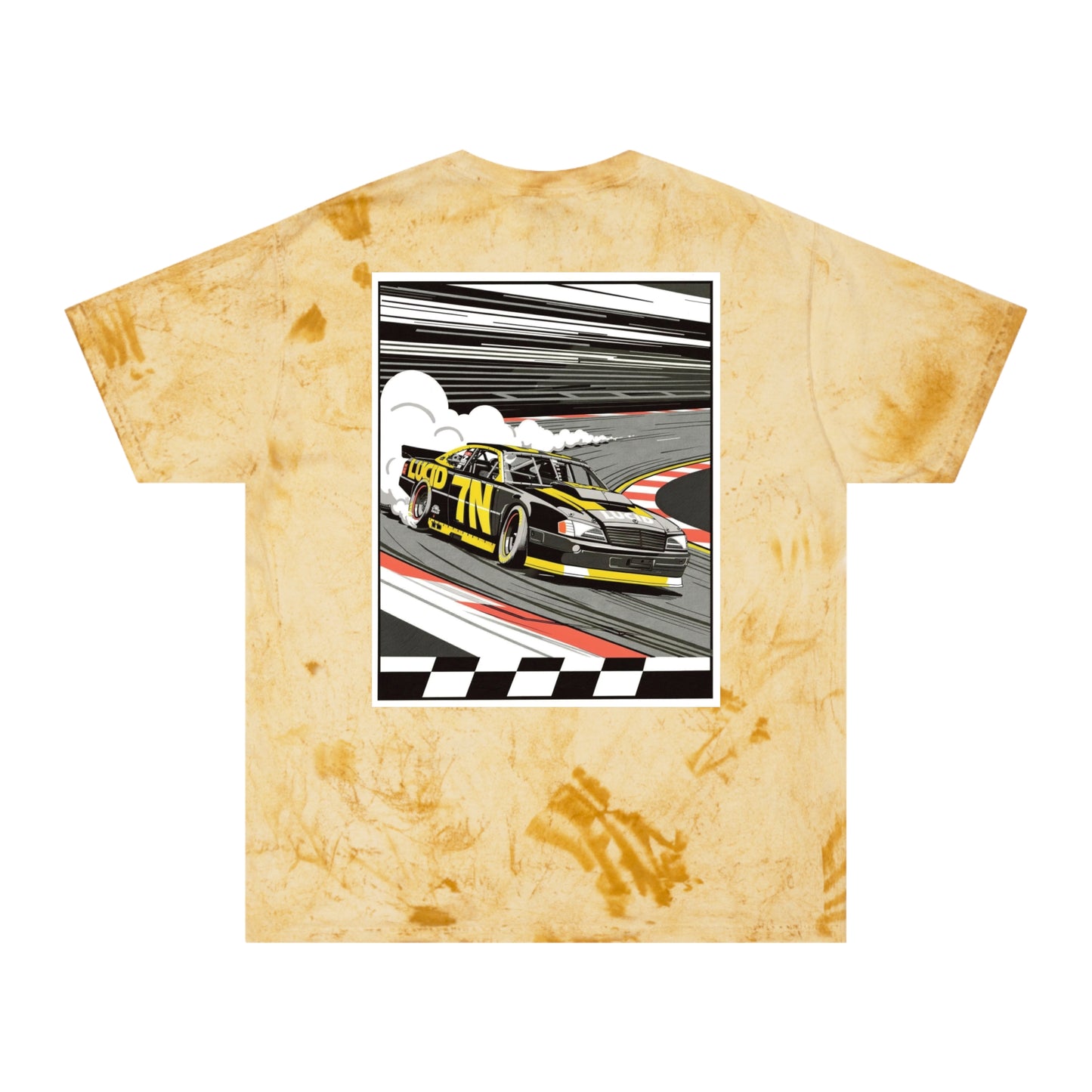 Citrine Color Blast tee, marbled gold, back Pro Stock car graphic, flat