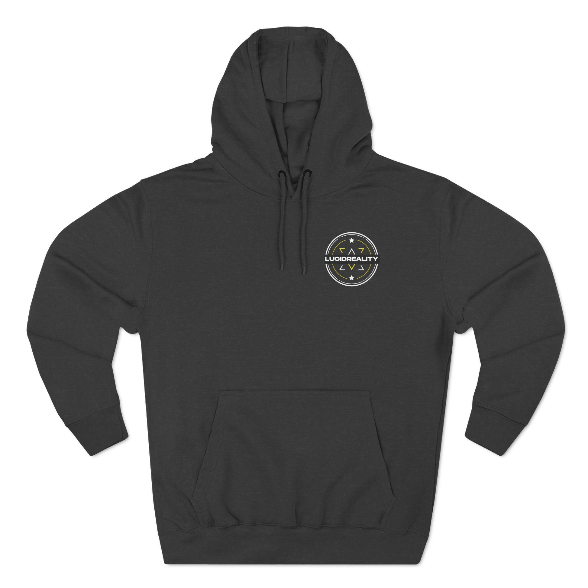 Charcoal Heather Logo Pullover Hoodie, front Lucid Reality logo, flat lay