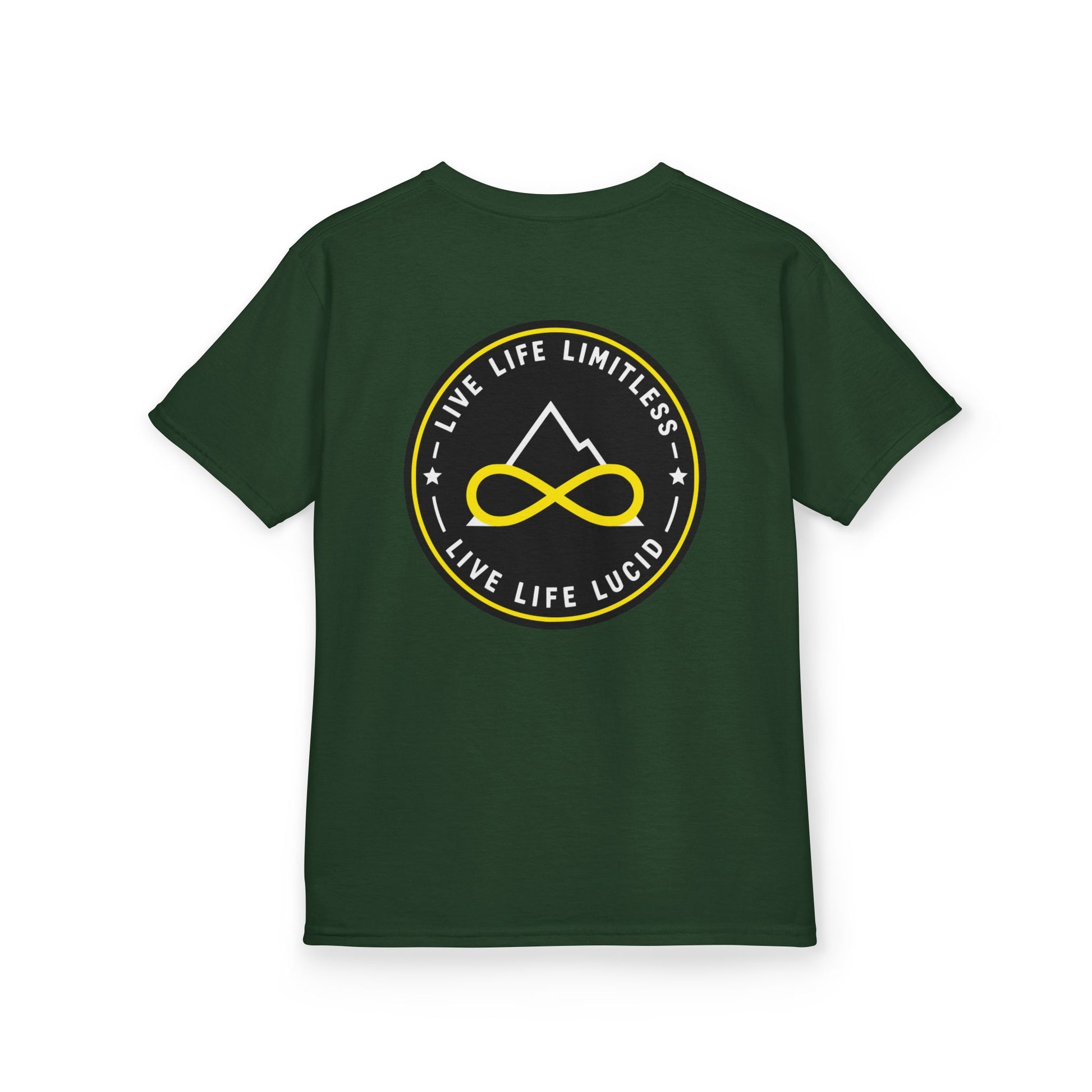 Forest Green Live Life Limitless Badge Kids Tee, back badge graphic, flat lay
