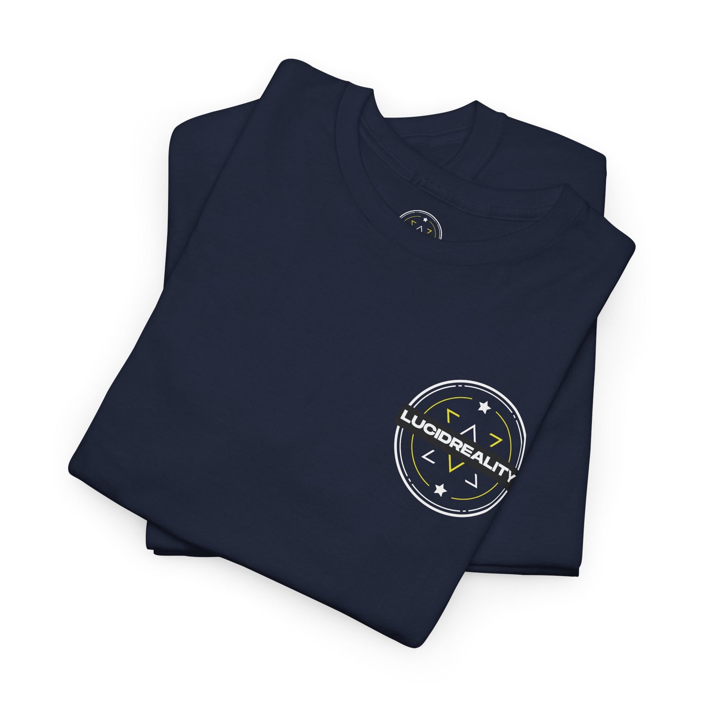 Navy Logo Tee, folded with Lucid Reality logo, flat lay