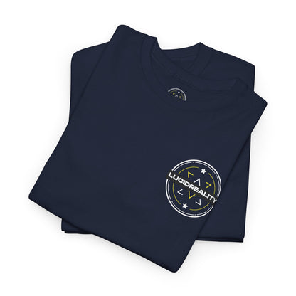 Navy Logo Tee, folded with Lucid Reality logo, flat lay