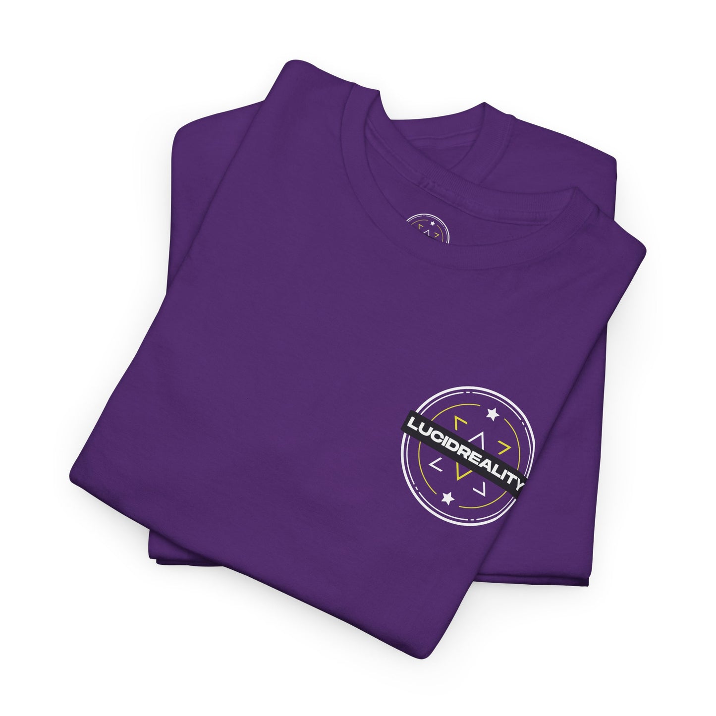 Purple Logo Tee, folded with Lucid Reality logo, flat lay