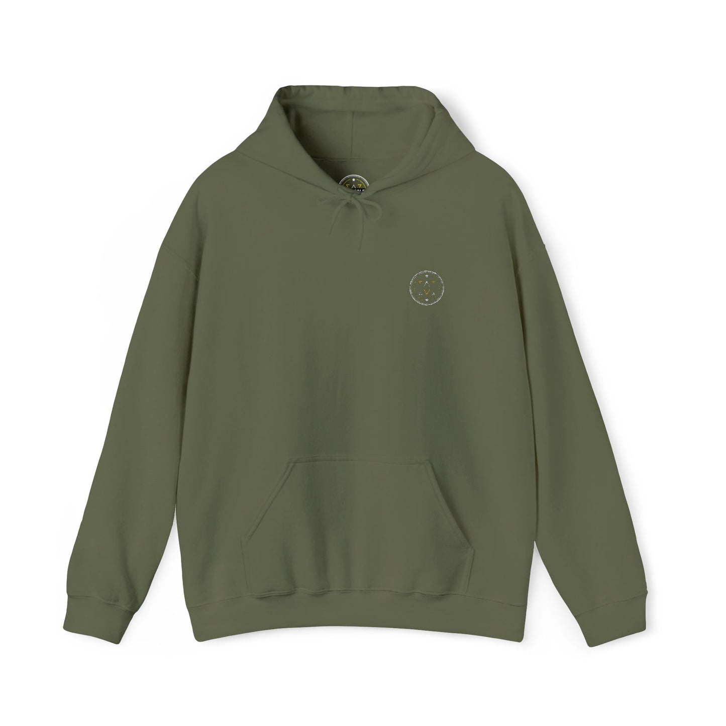 Front product mockup of the Lucid Reality Minimalist Embroidered Logo Hoodie – White & Gold