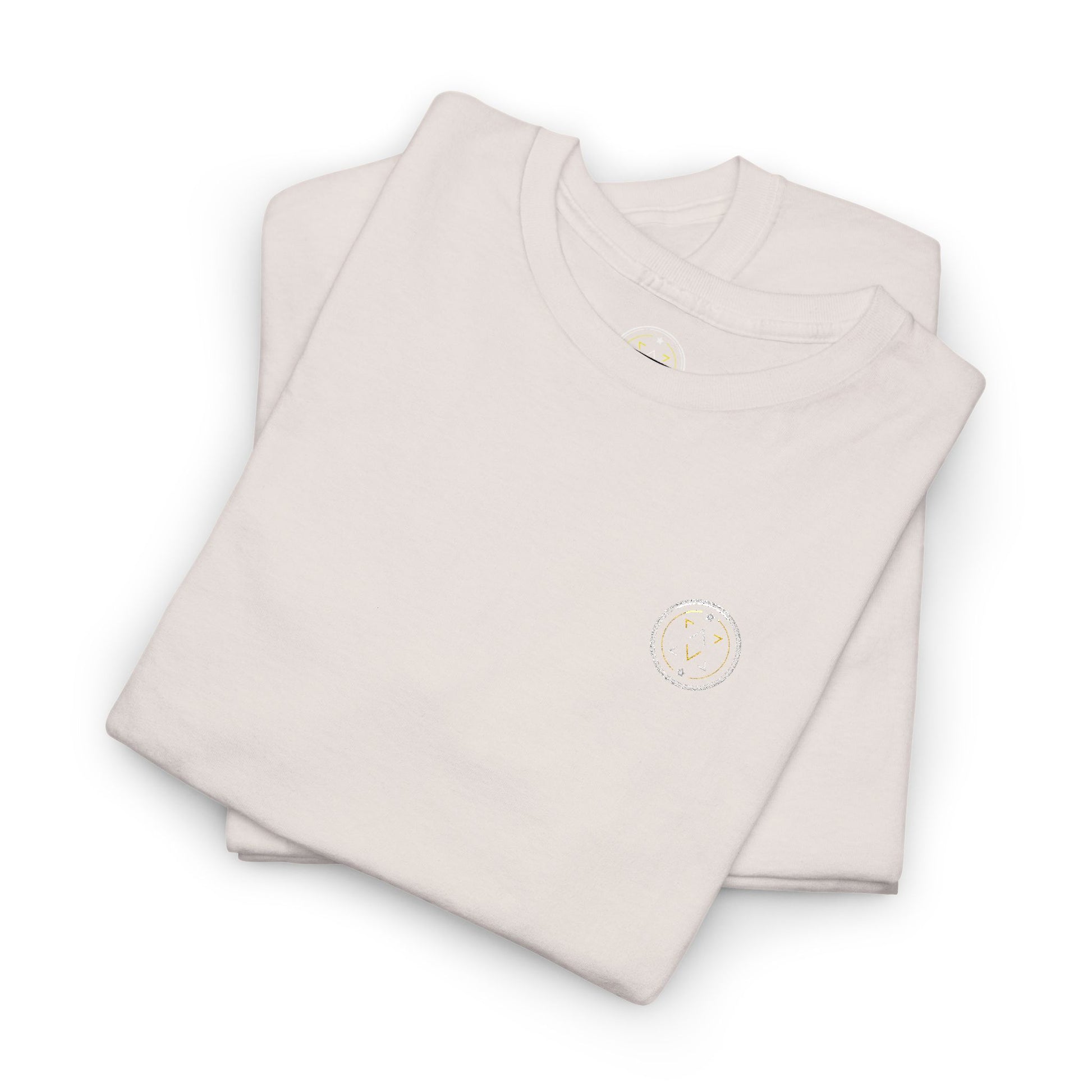 Lifestyle photo of the Lucid Reality Minimalist Embroidered Logo Tee – White & Gold