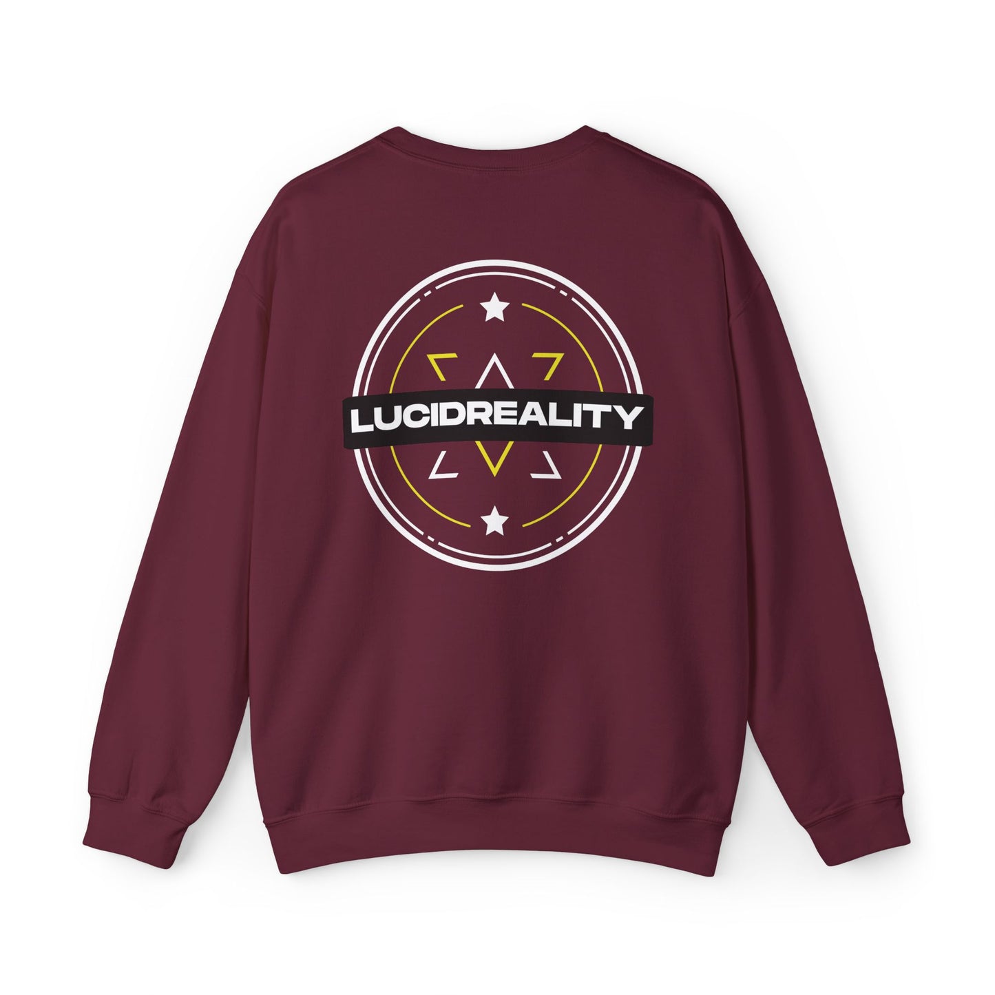 Maroon Lucid Reality crewneck, circular emblem back graphic, flat