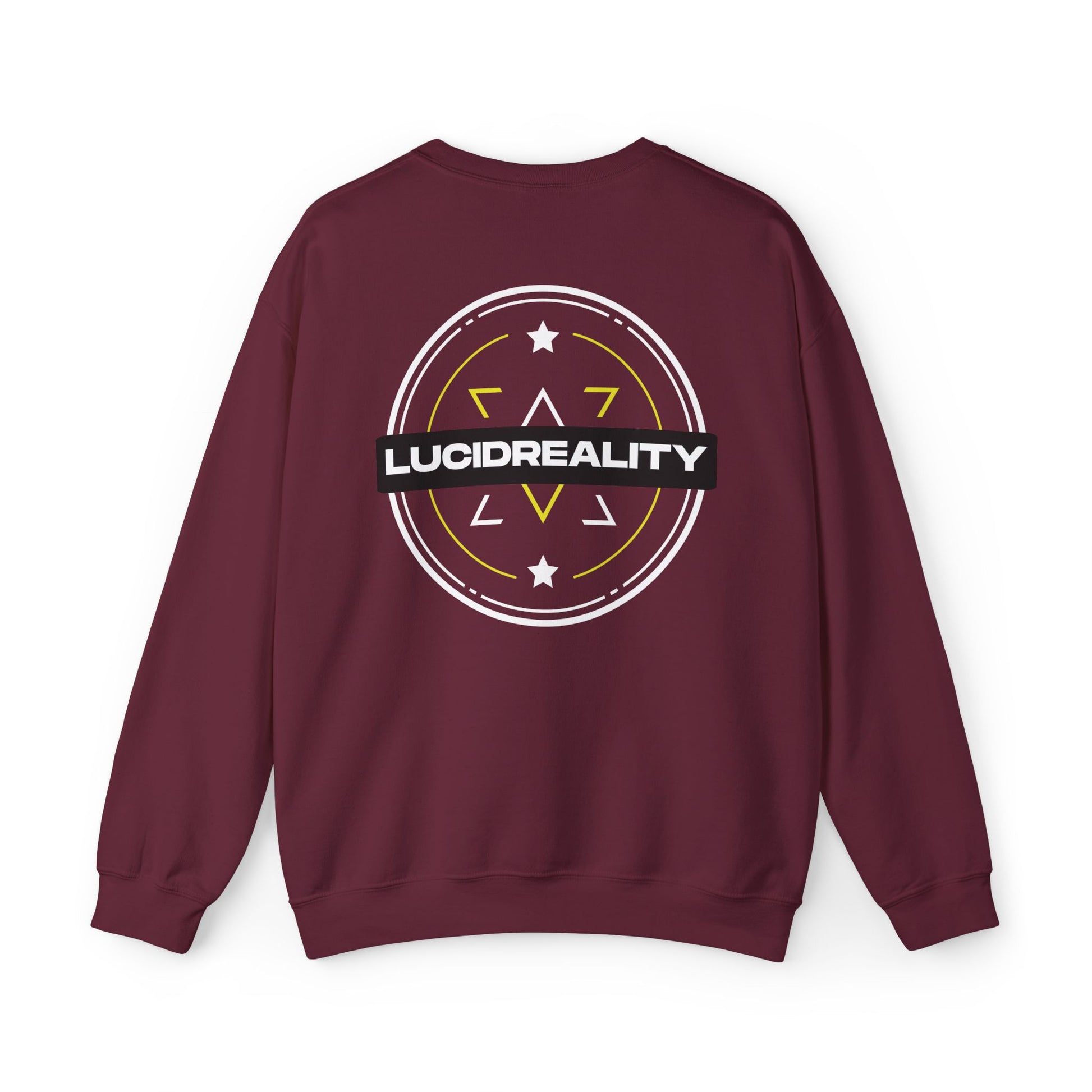 Maroon Lucid Reality crewneck, circular emblem back graphic, flat