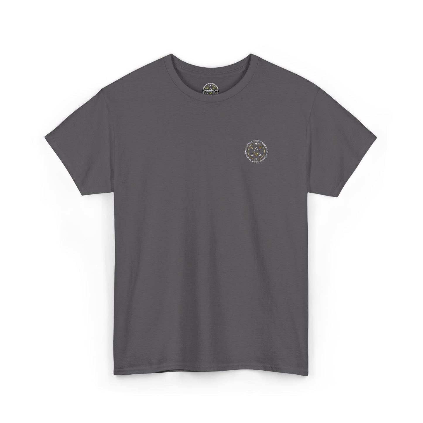 Front product mockup of the Lucid Reality Minimalist Embroidered Logo Tee – White & Gold