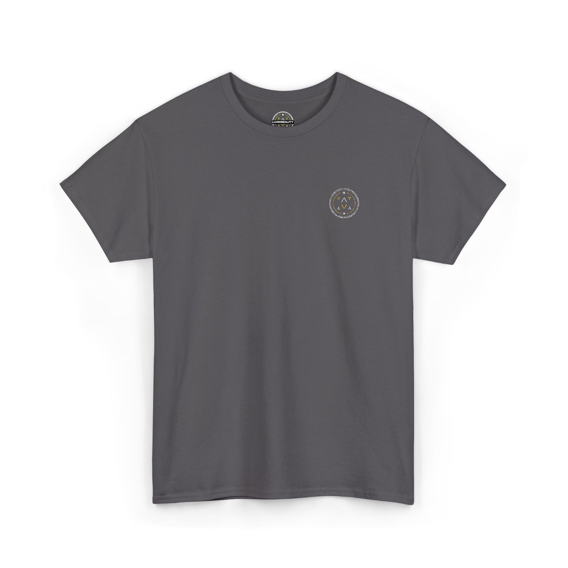 Front product mockup of the Lucid Reality Minimalist Embroidered Logo Tee – White & Gold