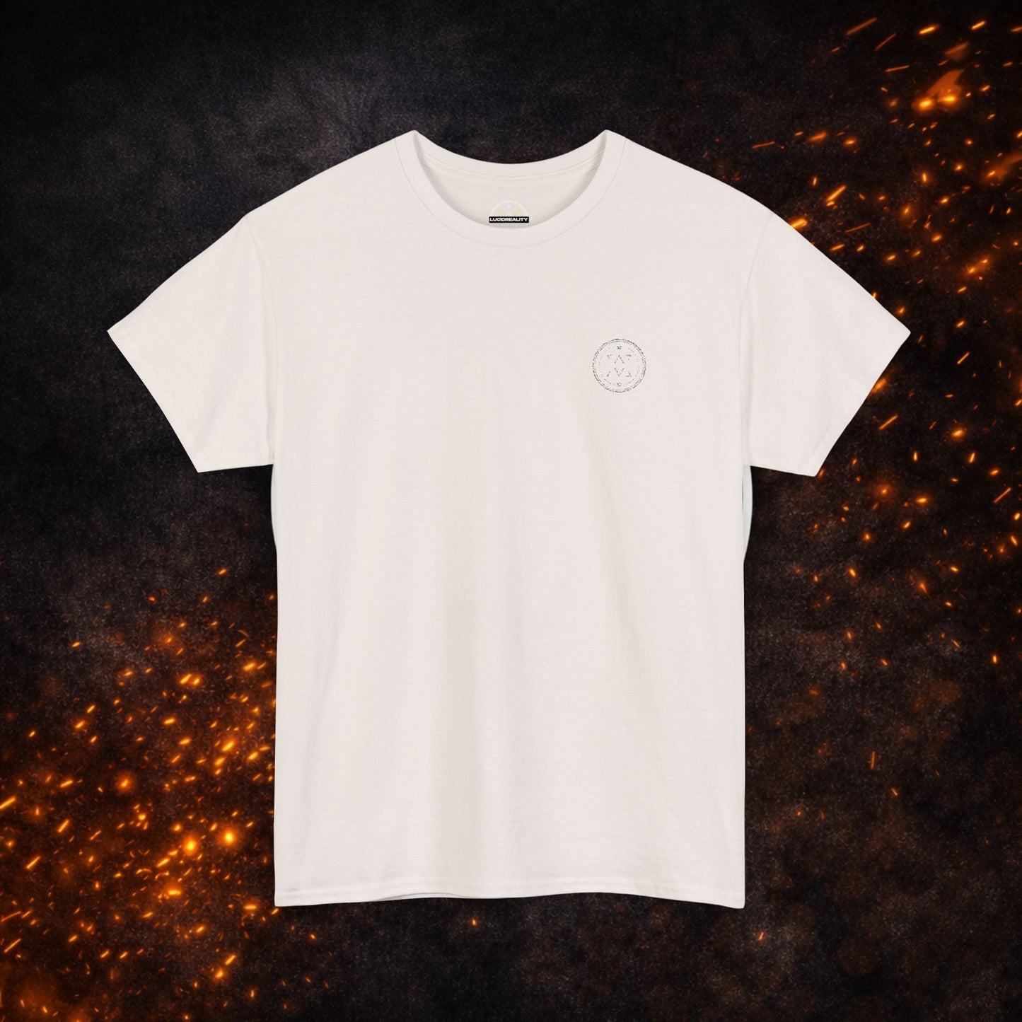Cream Lucid Reality Minimalist Embroidered Logo Tee with small white embroidered logo on the front left chest, short sleeves, and crew neckline.
