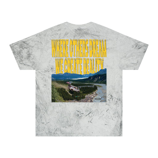 Smoke Color Blast tee, marbled grey, Where Others Dream Glacier View back graphic, flat