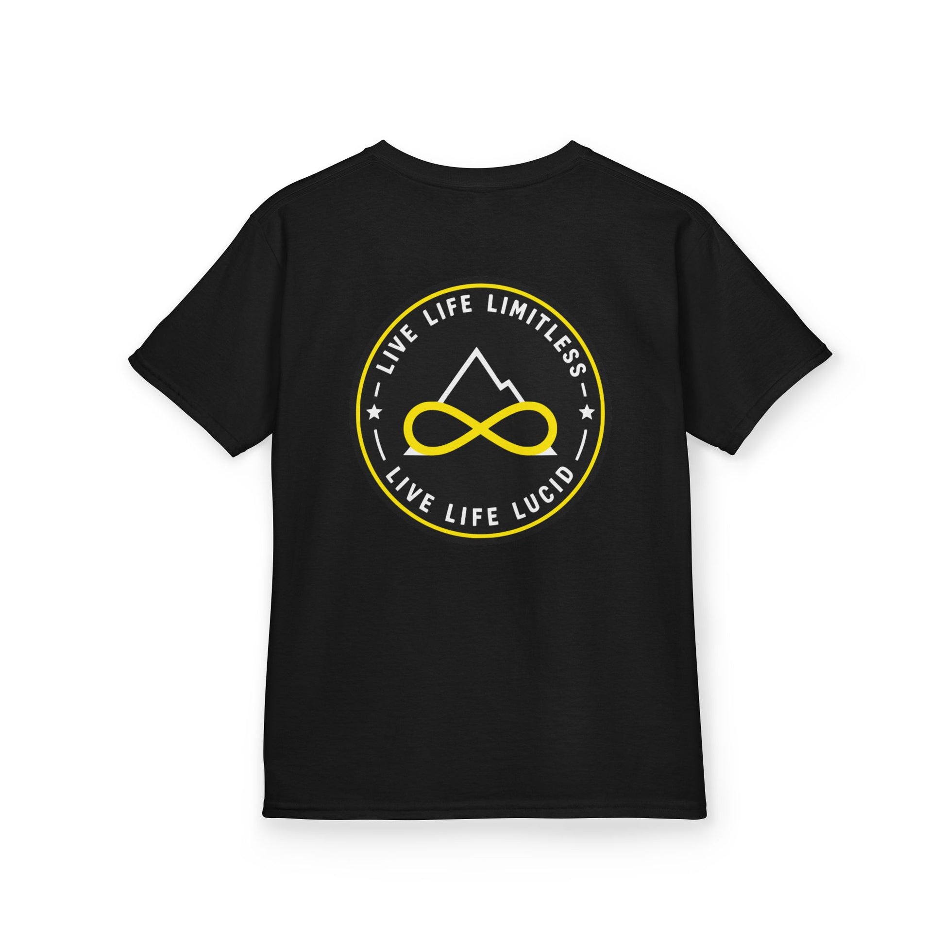 Black Live Life Limitless Badge Kids Tee, back badge graphic, flat lay
