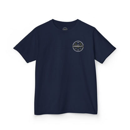 Navy Pro Stock Racing Kids Tee, front Lucid Reality logo, flat lay